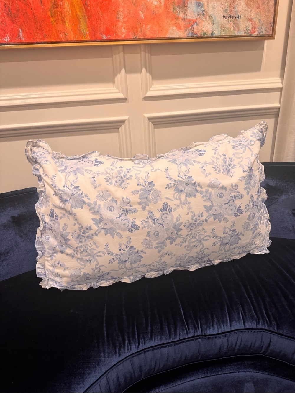 LoveShackFancy Blue and White Garden Damask Ruffle Wedge Pillow - Picture 6 of 6